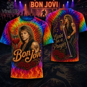 Tie-dye Bon Jovi graphic t-shirt featuring Jon Bon Jovi portraits, flaming red roses, and Livin' on a Prayer text.!