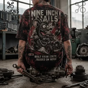 Black and red tie-dye t-shirt featuring a cartoon rat driving a hot rod with Nine Inch Nails text and graphic details.!