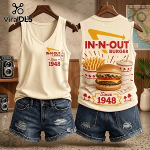 In-N-Out Burger Vintage 1948 Logo V-Neck Tank Top on cream fabric with burger, fries, and beverage graphics.