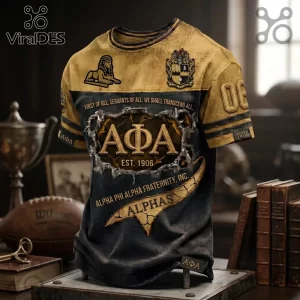 Alpha Phi Alpha fraternity t-shirt in black and gold featuring Greek letters, a sphinx icon, and 1906 commemorative text.!