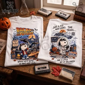 Snoopy Back to the Future Halloween T-Shirt featuring cartoon Snoopy in time-travel gear on white cotton fabric.