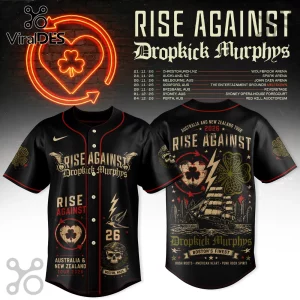 Black baseball jersey featuring Rise Against and Dropkick Murphys Australia and New Zealand tour 2026 graphics and dates.!