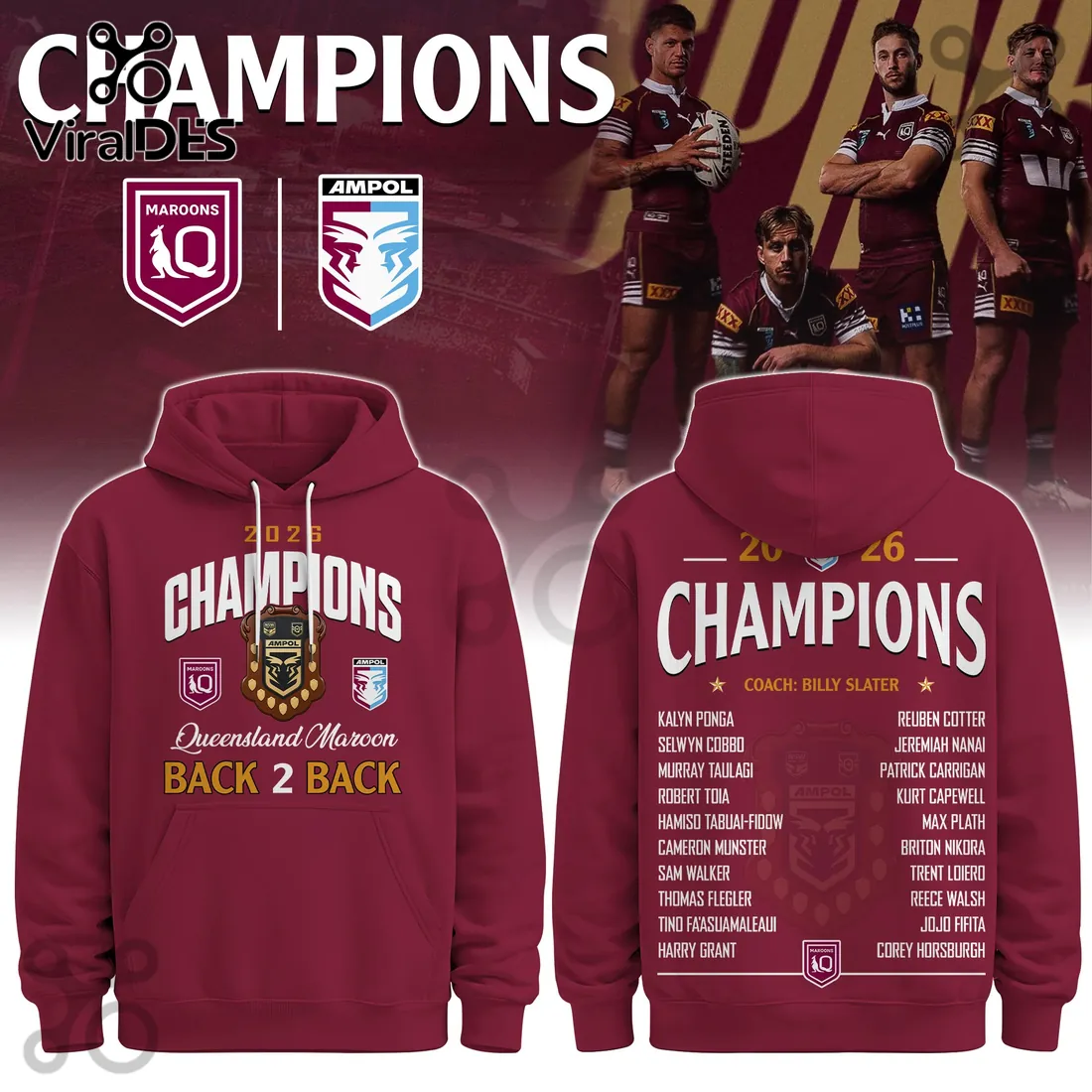 Queensland Maroons 2026 Back To Back Champions Hoodie Queensland Maroons 2026 Back To Back Champions Hoodie