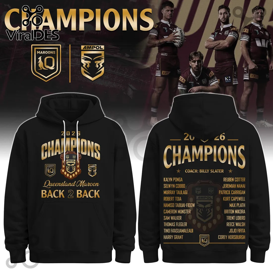 Queensland Maroons Back 2 Back Champions Black Hoodie Queensland Maroons Back 2 Back Champions Black Hoodie