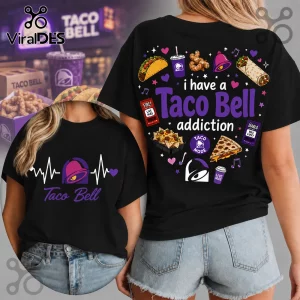 Black t-shirt featuring Taco Bell food graphics and text reading I have a Taco Bell addiction with a heartbeat logo.!