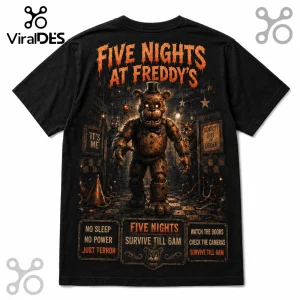 Black t-shirt featuring a Five Nights at Freddyβs graphic with Freddy Fazbear, glowing eyes, and survival horror text.!