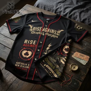 Black baseball jersey with Rise Against and Dropkick Murphys Australia and New Zealand Tour 2026 gold and red graphics.!