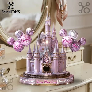 Personalized Magical Castle LED Light Sculpture featuring purple towers, glitter balloons, and custom names on a base.