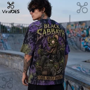 Man wearing a purple and black tie-dye t-shirt featuring a cartoon rat driving a hot rod with Black Sabbath text.!