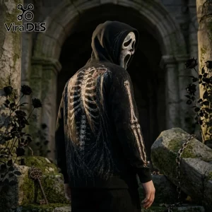 Ghostface Skeleton Halloween Pullover Hoodie 2026 features a bone graphic on the back and a horror mask against stone ruins.