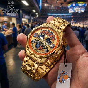Gold-tone New York Knicks 2026 NBA championship watch with a textured metal band and logo dial.!