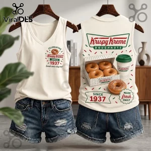 Krispy Kreme 1937 Coffee and Donut V-Neck Tank Top in cream featuring front chest logo and large back doughnut graphics.