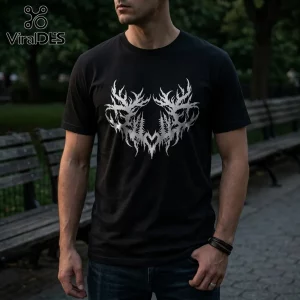 Black cotton t-shirt featuring a metallic silver symmetrical deer antler graphic in a sharp, jagged heavy metal style.!