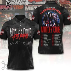 Motley Crue 45 Years Tour 2026 black polo shirt showing front with band logo and back featuring tour dates and band imagery.