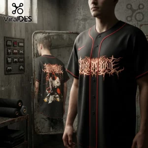 Black baseball jersey with red piping, orange death metal band logo, and hooded axe-wielding figure graphic on back.!