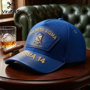 Royal blue wool baseball cap featuring Phi Beta Sigma fraternity logo and Sigma 14 text on a dark wooden table background.!
