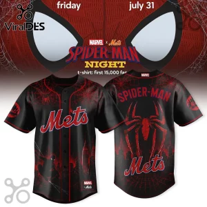 Spider-Man and New York Mets collaboration button-down baseball jersey in black and red with spiderweb and city graphics.!