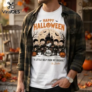 The Beatles x Peanuts All You Need Is Love Halloween T-Shirt features the band members as Peanuts characters with Snoopy.