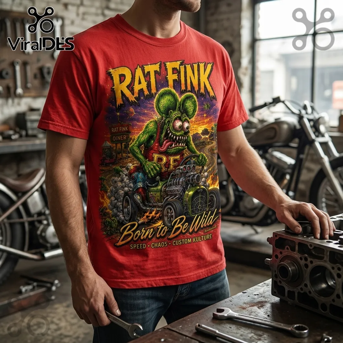 Rat Fink Born To Be Wild Red T-Shirt Rat Fink Born To Be Wild Red T-Shirt