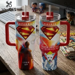 Superman and Krypto Truth Justice Handle Tumbler featuring red handles, clear lids with straws, and DC character graphics.