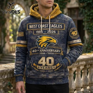 West Coast Eagles 40th anniversary navy blue distressed hoodie with yellow eagle logo, drawstrings, and 1986-2026 text.!