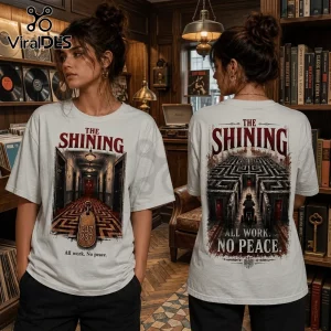 White graphic t-shirt featuring The Shining film art, Room 237 key, Overlook Hotel hallway, and a tricycle maze back print.!