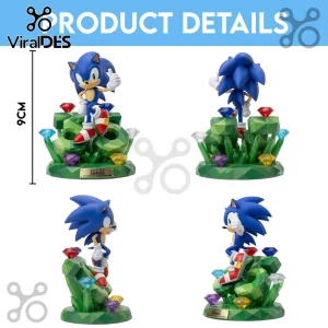 Sonic the Hedgehog 9cm PVC figure with multi-colored Chaos Emeralds on a green geometric base.!