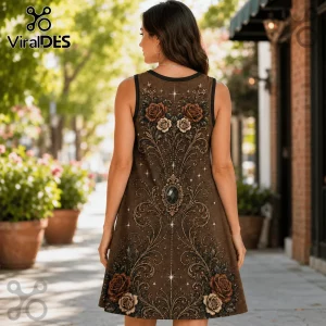 Woman wearing a brown sleeveless dress with vintage floral scrollwork, roses, and a central gemstone design.!
