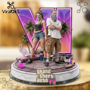 Grand Theft Auto VI collectible statue featuring Lucia and Jason characters on a marble base with palm trees and neon VI.!
