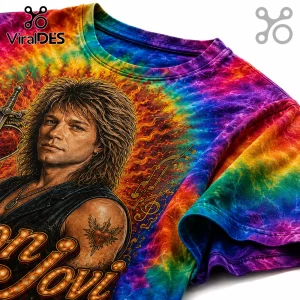 Jon Bon Jovi portrait graphic on rainbow tie-dye cotton t-shirt with musical notes and sword heart tattoo imagery.!