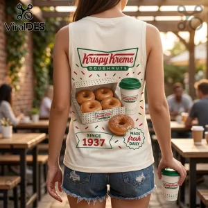 Krispy Kreme 1937 Coffee and Donut V-Neck Tank Top featuring a doughnut box, coffee cup, and 1937 text on cream fabric.