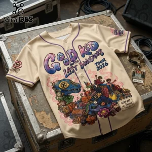 Cream baseball jersey with Good Kid With Last Dinosaurs Tour 2026 graphics, purple trim, and dinosaur character art.!