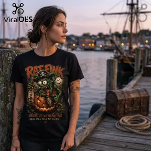 Rat Fink Haunted Treasure Captain Morgan T-Shirt featuring a green rodent pirate in a pumpkin with rum, black cotton.