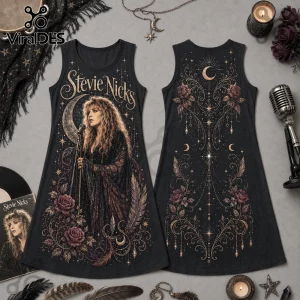Black tank dress featuring a graphic of Stevie Nicks with a crescent moon, roses, and gold celestial line art patterns.!