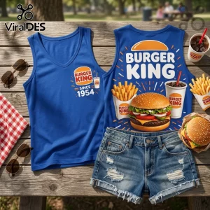 Burger King Vintage Burger and Fries V-Neck Tank Top in royal blue with chest logo and large back food graphic prints.