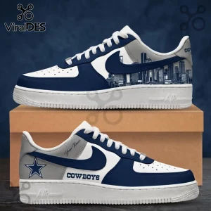 Dallas Cowboys Navy Blue Skyline Air Force 1 Sneakers featuring a white leather base, team color overlays, and city graphic.