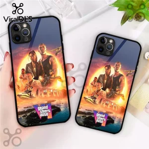 Grand Theft Auto VI Vice City Clear Phone Case 2026 showing vibrant sunset artwork with game characters on glossy plastic.