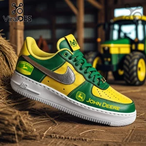 John Deere themed sneaker in green and yellow leather with a metallic silver swoosh and tractor logo in a barn setting.!