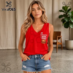Chick-fil-A Since 1946 Fast Food V-Neck Tank Top in bright red featuring a graphic logo and sandwich design on chest.