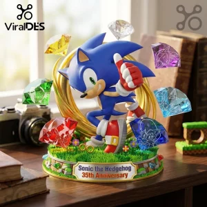 Sonic the Hedgehog 35th Anniversary PVC figure on a grassy base surrounded by six colorful translucent Chaos Emeralds.!