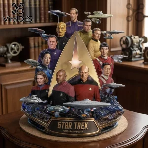 Star Trek 60th Anniversary Premium Acrylic Plaque featuring iconic captains and starships against a triangular emblem.