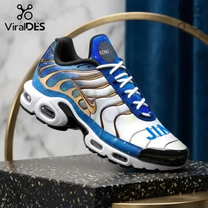 Jin BTS Galaxy Blue Air Max Plus sneakers featuring a celestial navy gradient, gold accents, and white platform soles.