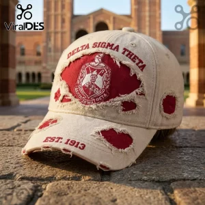 Beige distressed baseball cap featuring the red Delta Sigma Theta embroidered crest and text EST. 1913.!
