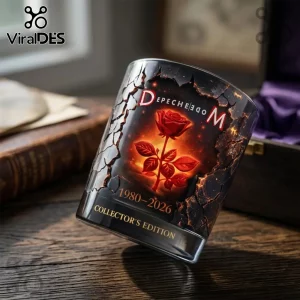 Depeche Mode glass candle holder featuring a glowing red rose, cracked stone texture, and 1980-2026 text on wood surface.!