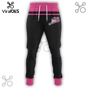 Black joggers with pink waistband and cuffs, white drawstring, and Adelaide Thunderbirds netball logo on the left thigh.!