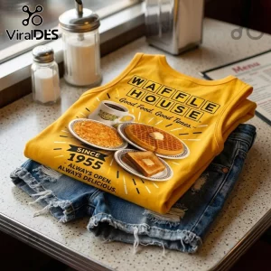 Waffle House Retro 1955 Logo V-Neck Tank Top in yellow with graphic print of coffee, waffles, hash browns, and toast.