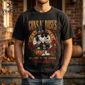 Guns N Roses x Snoopy Halloween Black T-Shirt featuring Snoopy in a top hat and leather jacket holding a jack-o'-lantern.