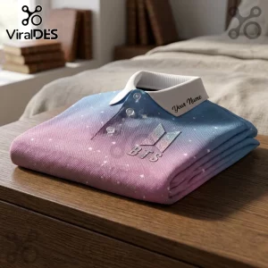BTS Gradient Galaxy Custom Name Polo Shirt featuring a blue and pink nebula print, white collar, and BTS logo emblem.