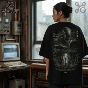 Black oversized t-shirt featuring Alien Xenomorph graphic, Japanese text, and text stating we came here to survive.!
