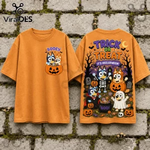 Bluey Heelerween Pumpkin Trick or Treat Orange T-Shirt features Bluey and Bingo characters in Halloween costumes.